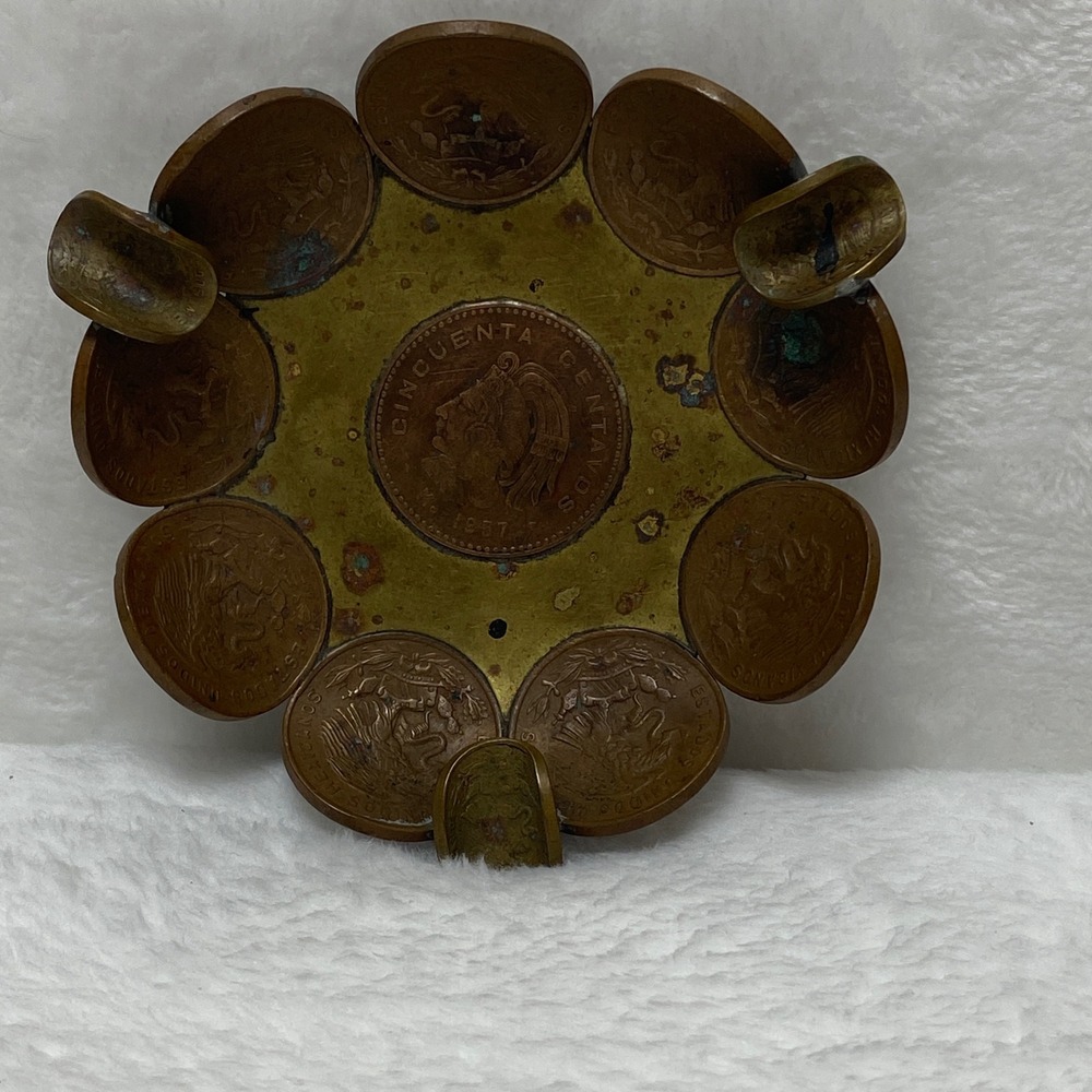 Vintage Mexican Coin Ashtray Made with Centavos 1957 Brass Metal Unique